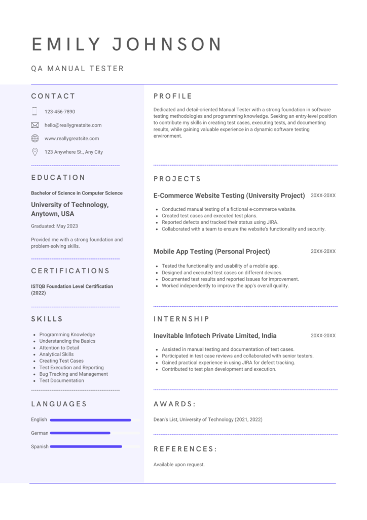 Entry Level Manual Tester Sample Resume Image