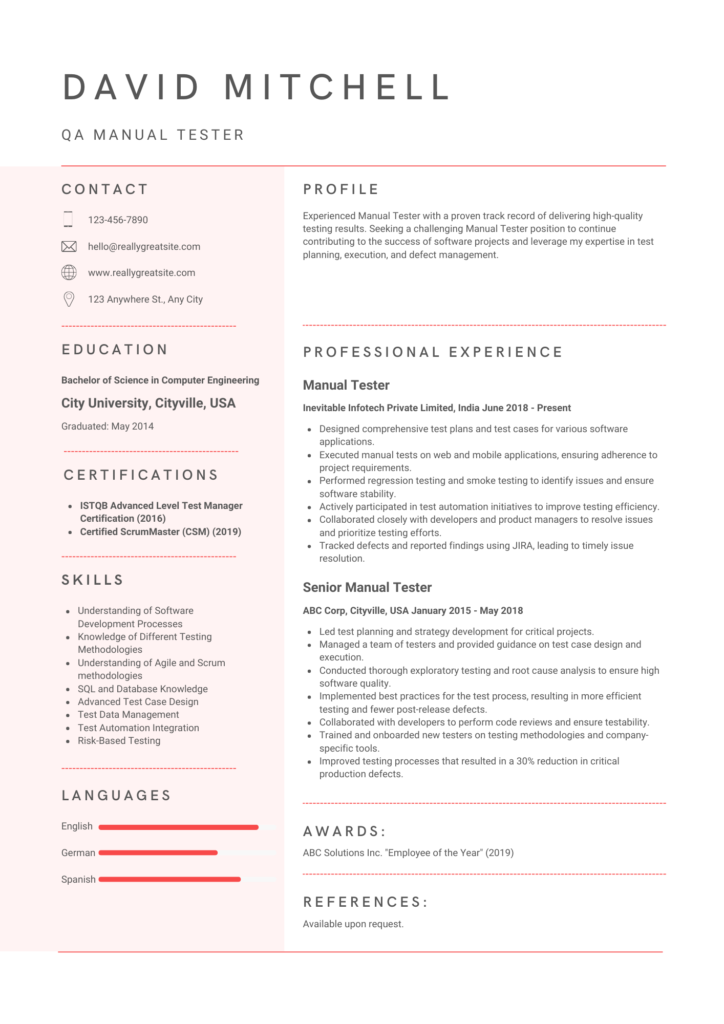 Experienced Manual Tester Sample Resume Image